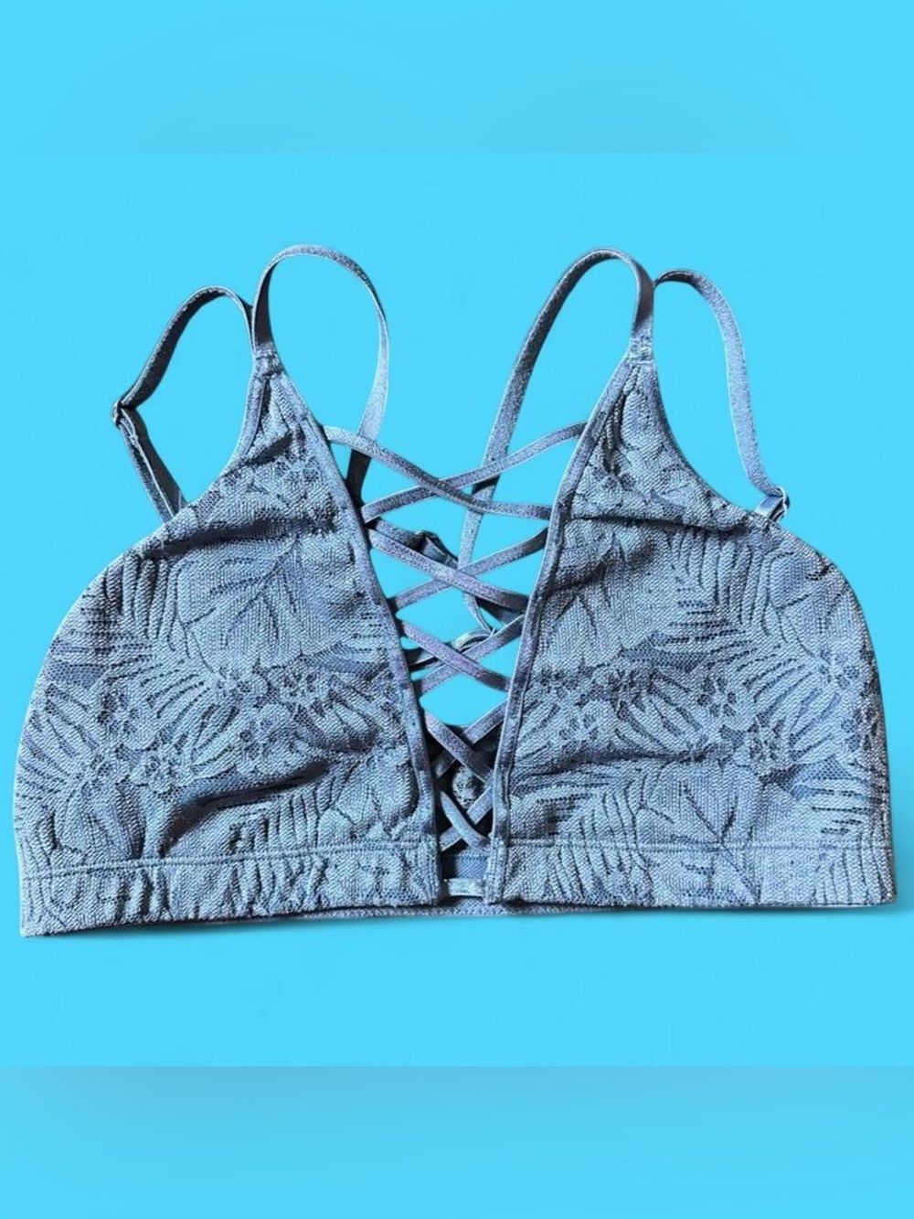 VS PINK Lace-Up Back Bralette Small Blue Floral Lace Strappy